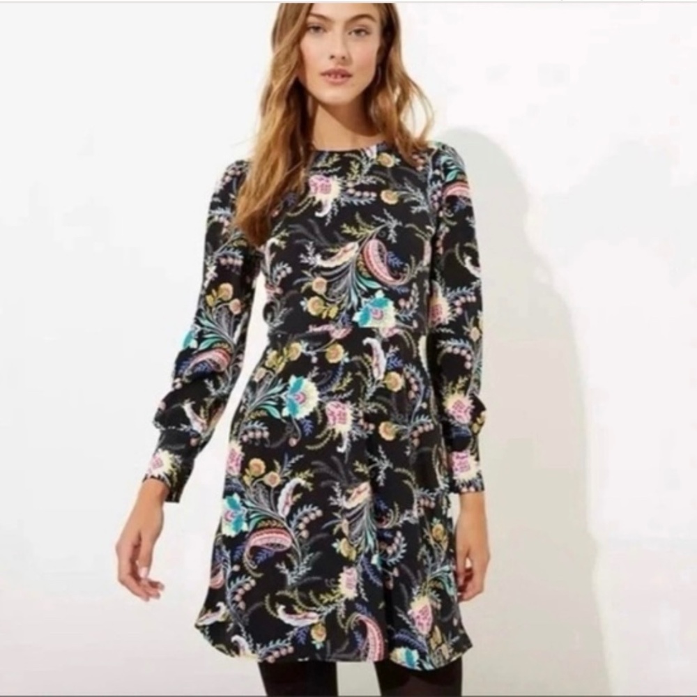 NWT LOFT Floral Paisley Long Sleeve Fit & Flare Dress in Black Size 12